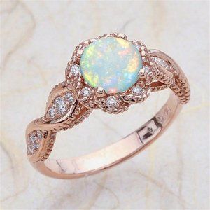 *NEW Rose Gold Round Opal Diamond Halo Twist Ring